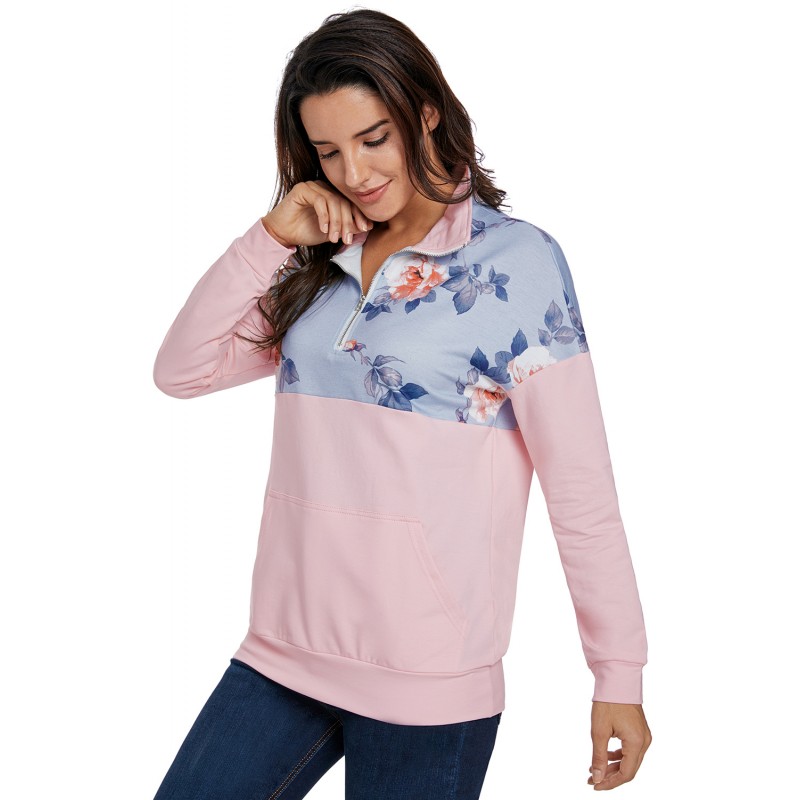 Floral Splice Pink Kangaroo Pocket Zip Collar Sweatshirt