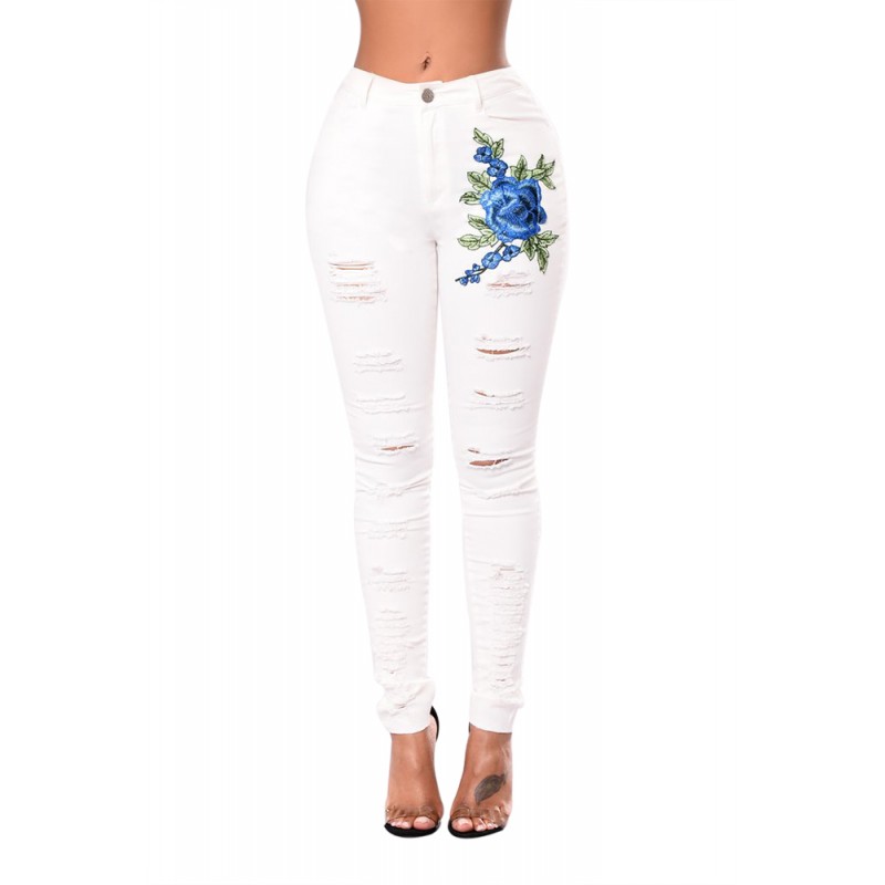 Blue Rose Embroidery Distressed White Skinny Jeans