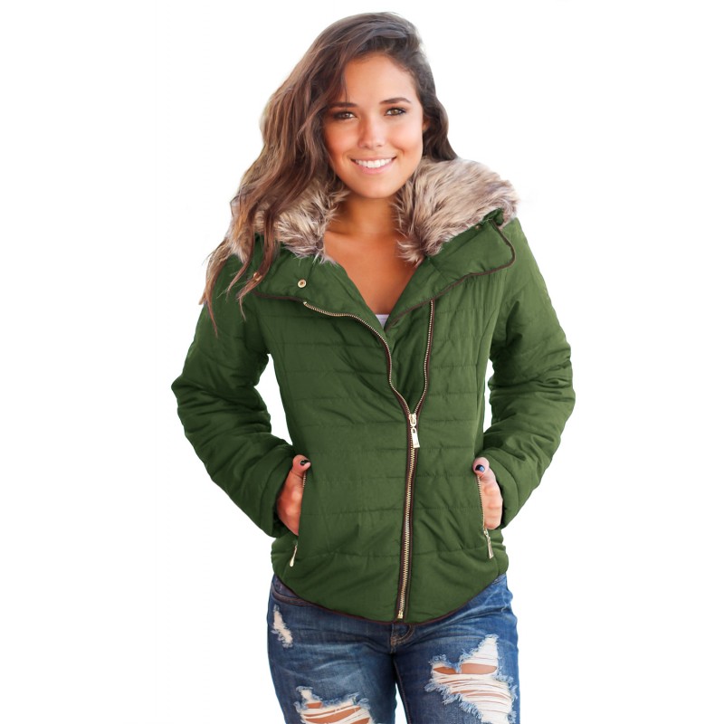 Army Green Faux Fur Collar Trim Black Quilted Jack...