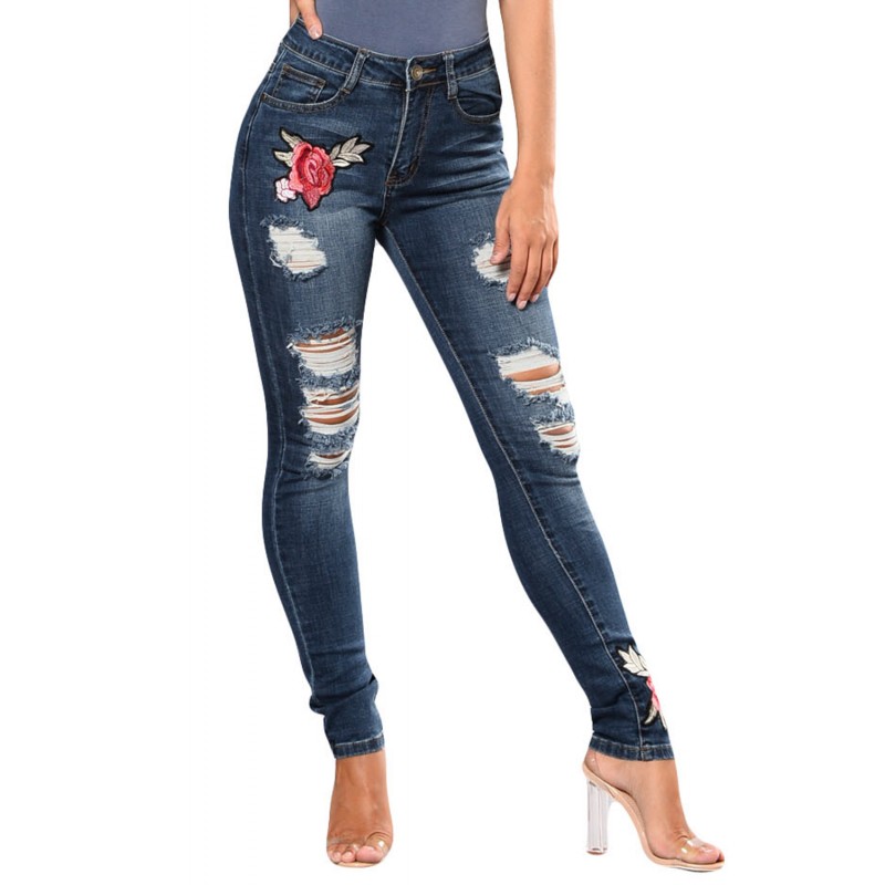Dark Blue Mid Rise Distressed Rose Embroidery Jean...