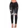 Black Mid Rise Distressed Rose Embroidery Jeans