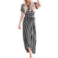 Black White Striped Drape Slit Maxi Dress with Bel...