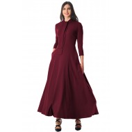 Burgundy Pocketed 3/4 Sleeves Tie Neck Maxi Dress
