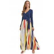 Blue Long Sleeve Yellowish Striped Skirt Maxi Dres...