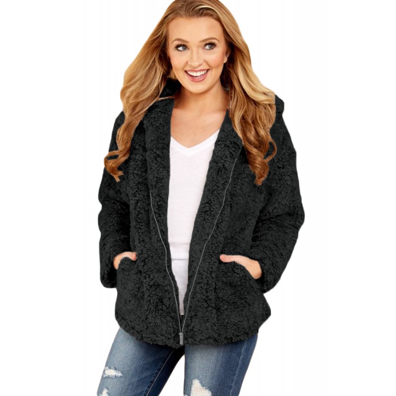 Black Zip Down Furry Hooded Jacket