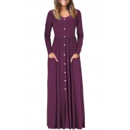 Burgundy Button Front Pocket Style Casual Long Dre...